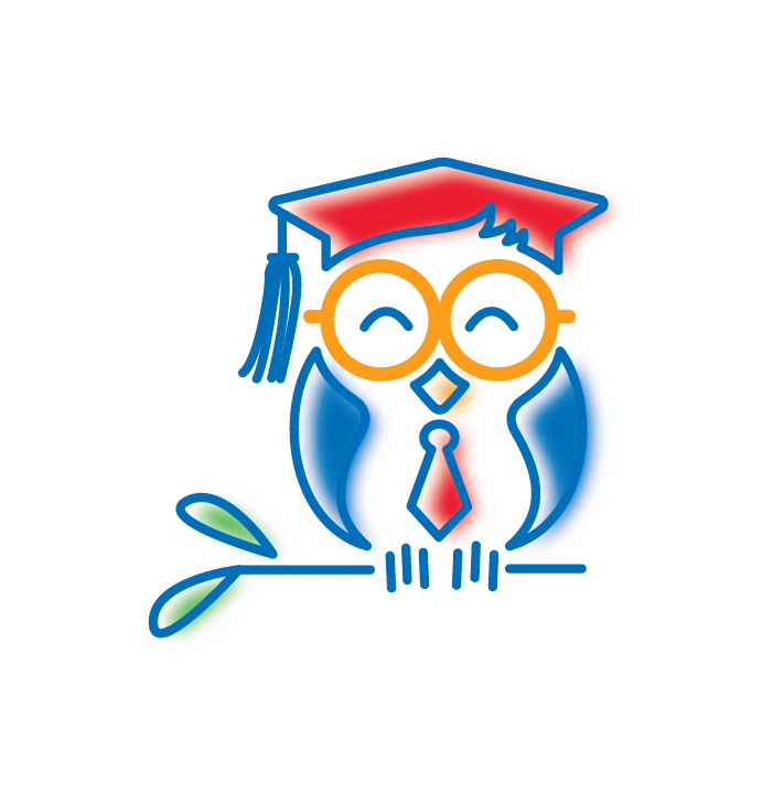 A cartoon owl wearing a graduation cap and tie.