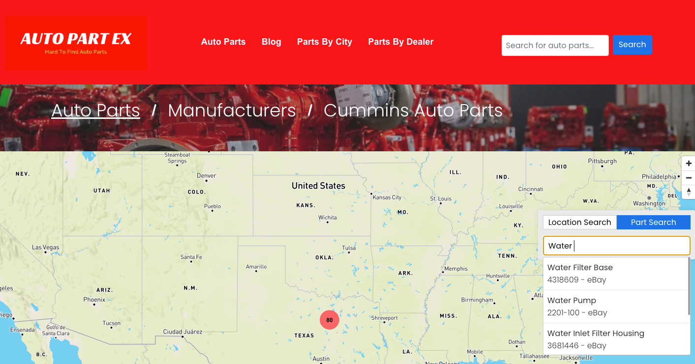 AutoPartEx shop category pages now has a searchable map