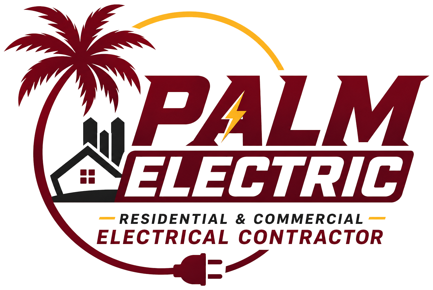 Palm Electric logo with maroon palm tree, house, lightning bolt, and “Residential & Commercial Electrical Contractor” text