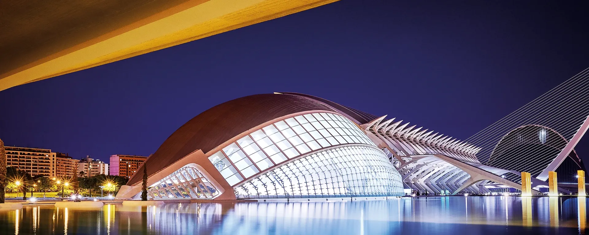 Night view of the City of Arts and Sciences in Valencia, Spain, reflecting in the water, with a dark blue sky.