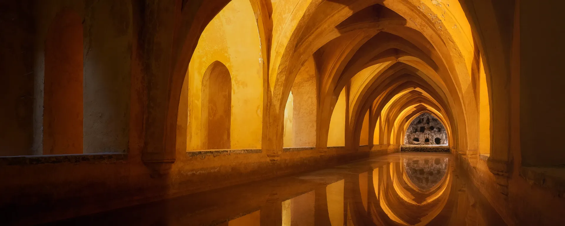 A long, arched hallway with golden walls and a reflective floor.