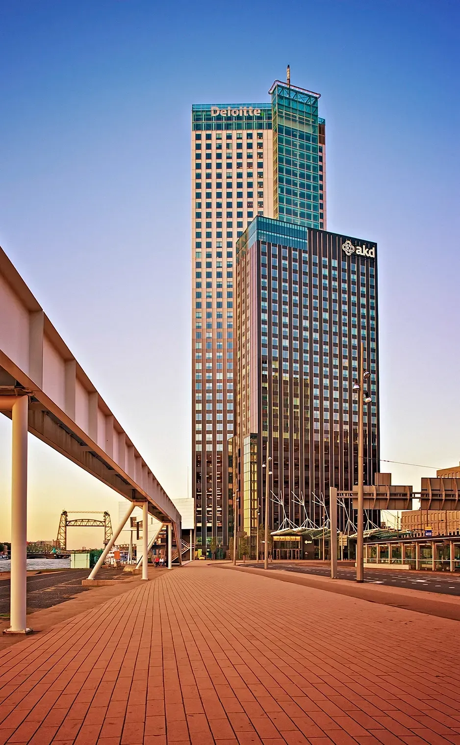 Tall modern buildings along a brick walkway at sunset.
