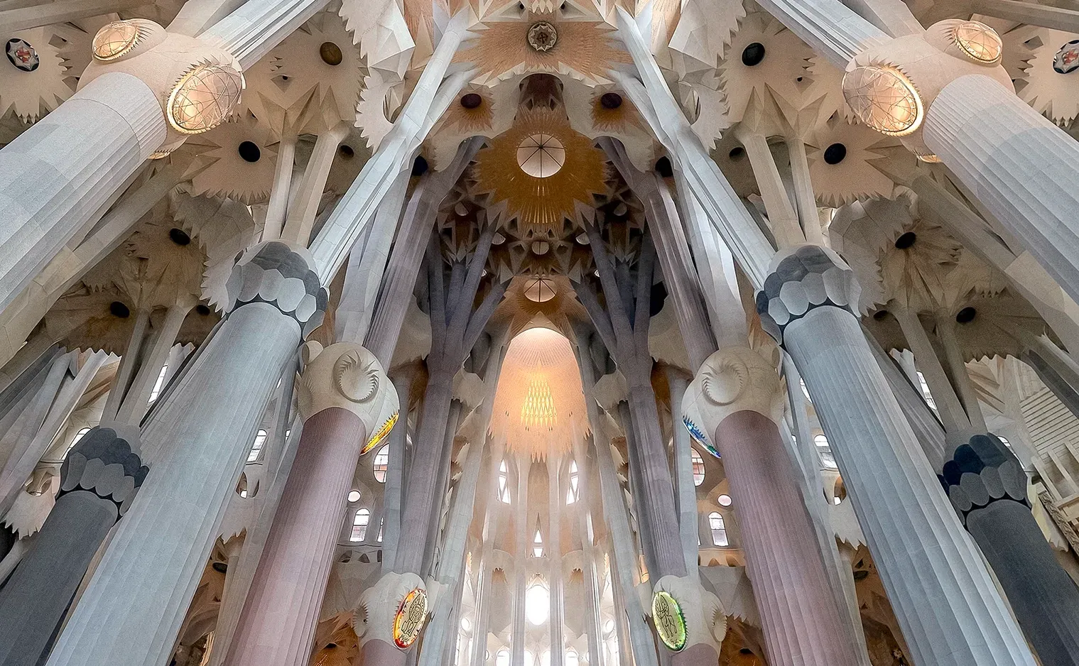 Interior of Sagrada Familia, tall columns reaching toward ornate, illuminated ceiling.