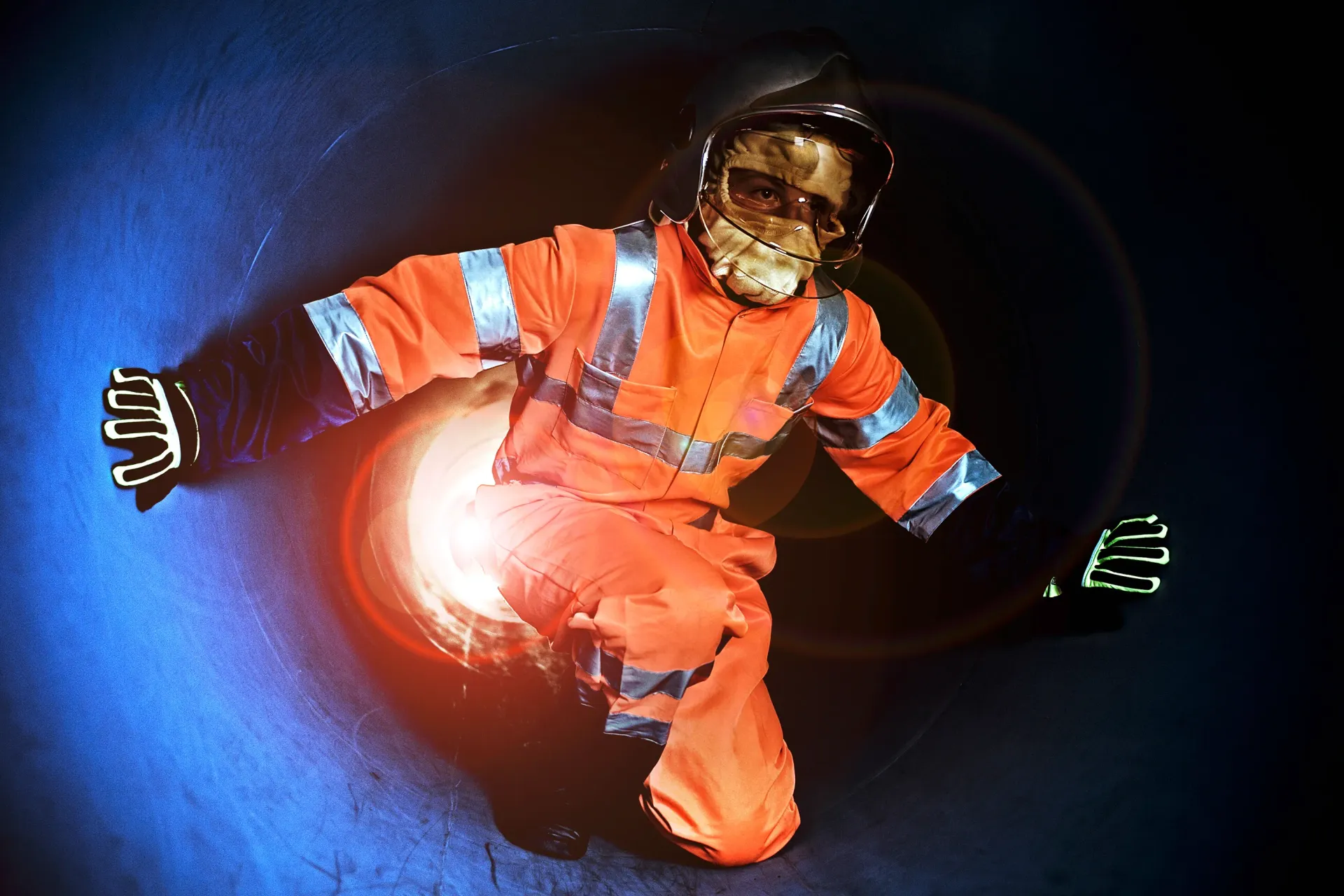 Worker in orange safety suit emerging from a tunnel, welding sparks, blue and orange tones.