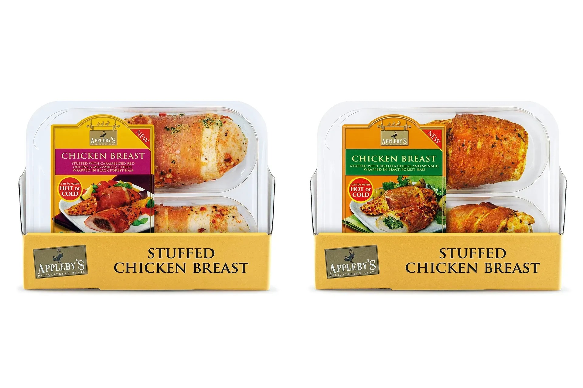 Two trays of stuffed chicken breast, with colorful packaging and different toppings.