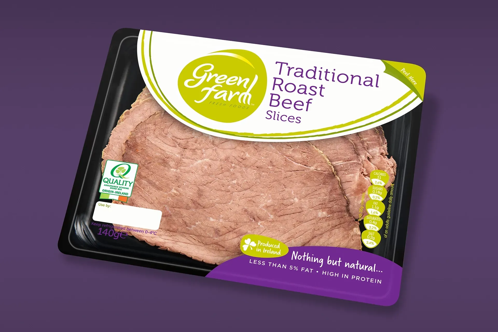 Green Farm roast beef slices in black tray with green and purple label.