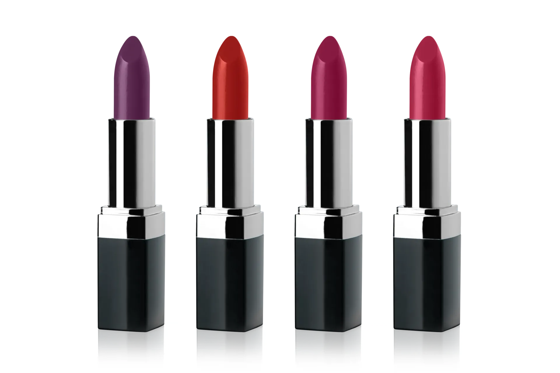 Four lipsticks in purple, red, and two shades of pink, each in a black and silver tube.