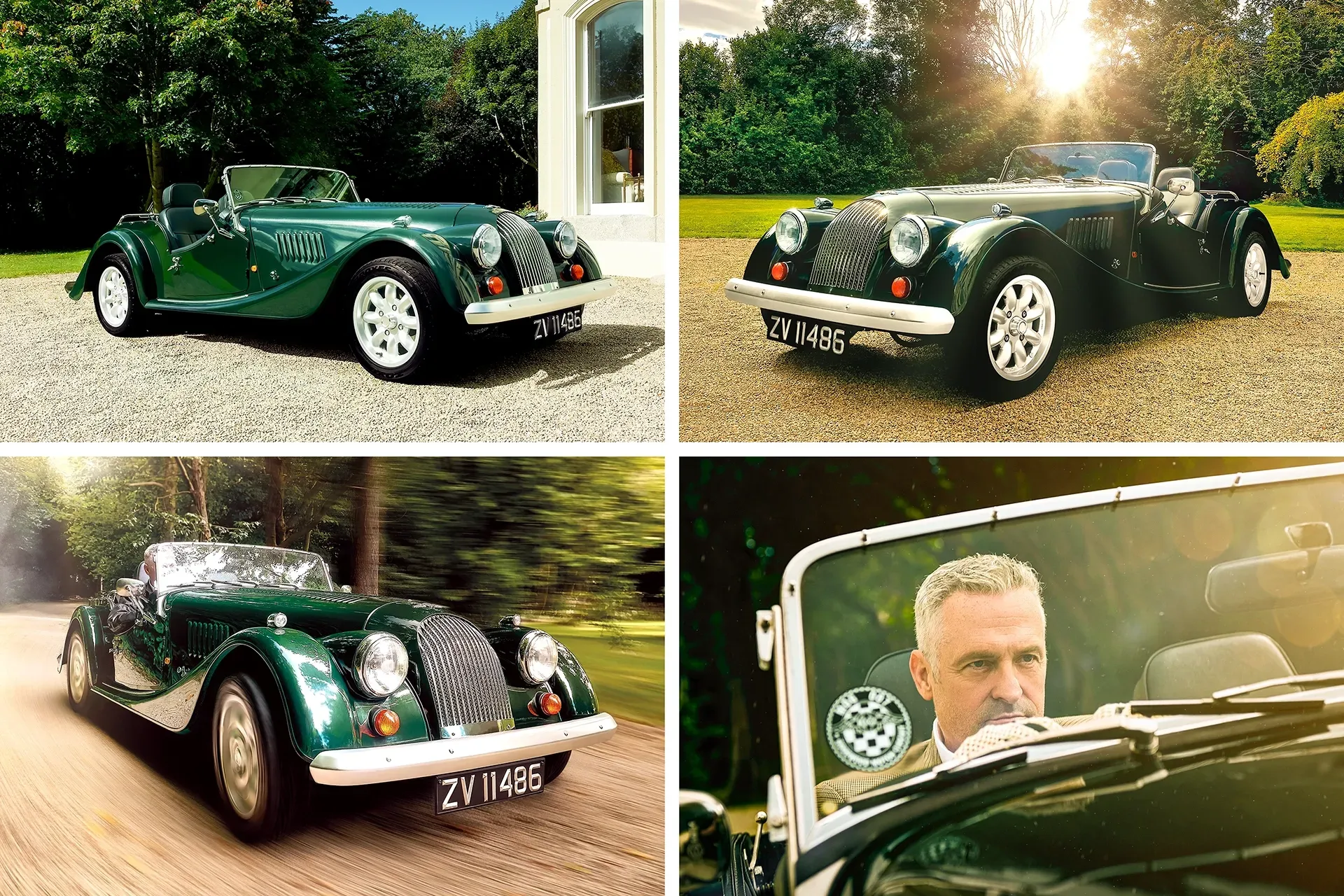 Four views of a green Morgan sports car. A man drives in the last photo. Sunlit outdoor setting.