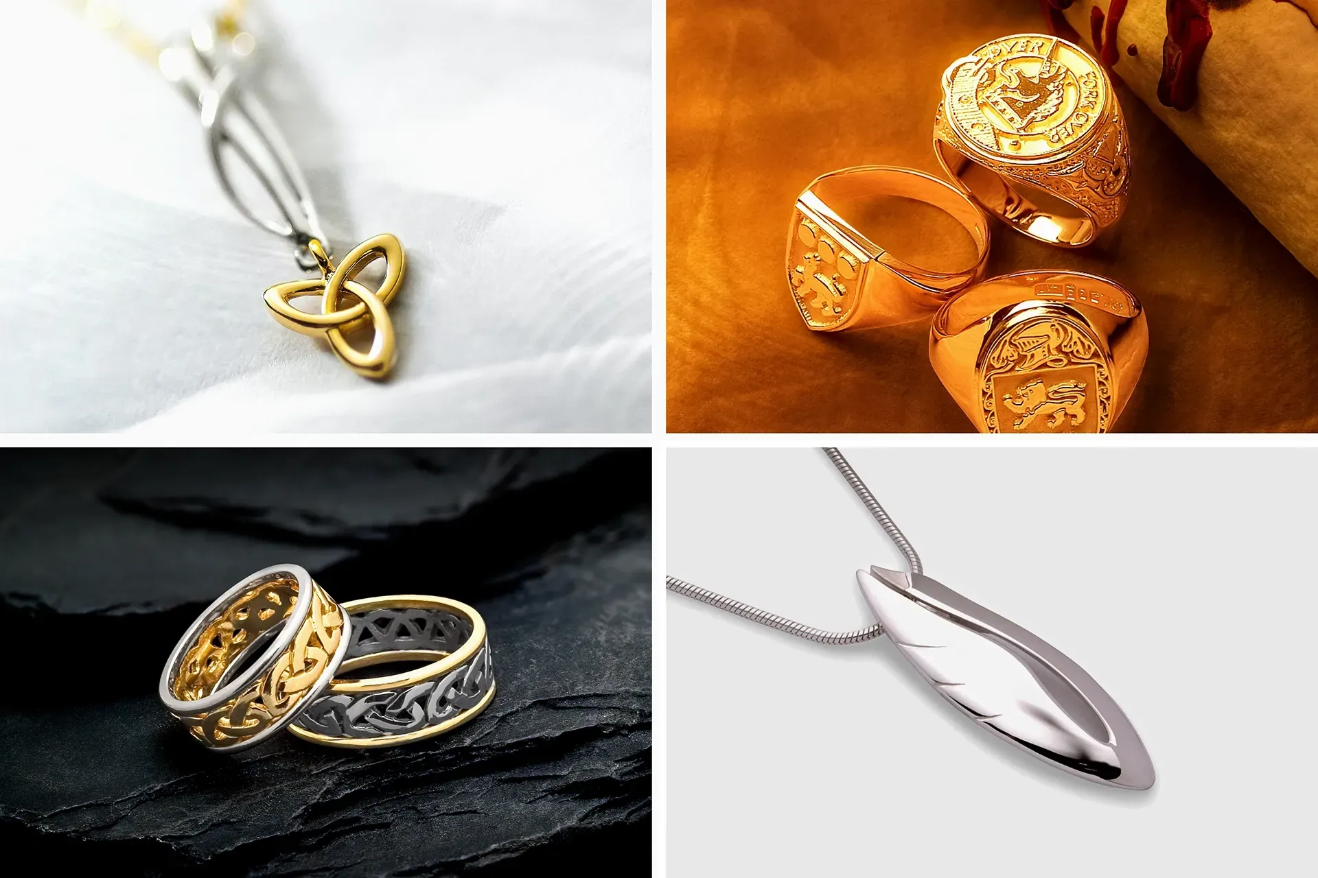 Four pieces of jewelry: pendant with gold knot, gold rings, silver and gold rings, and silver pendant.