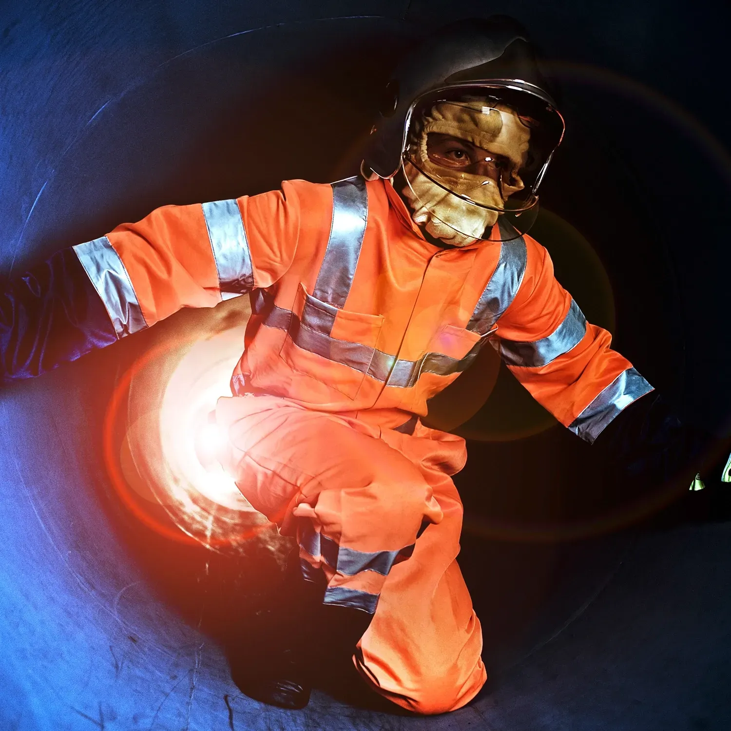 Person in orange jumpsuit and gold mask welds inside a large pipe, surrounded by light.
