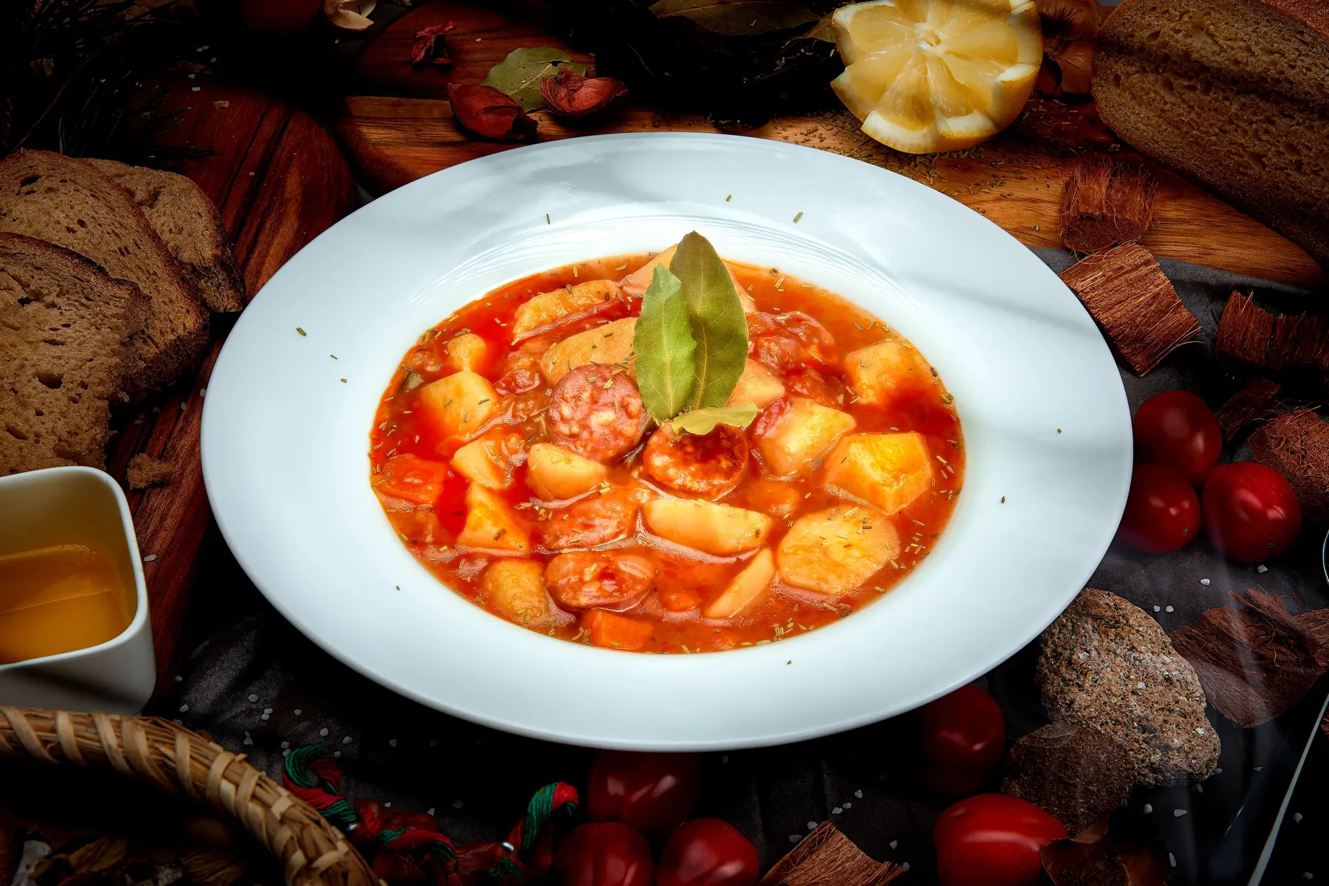 Bowl of stew with sausage, potatoes, and bay leaf.