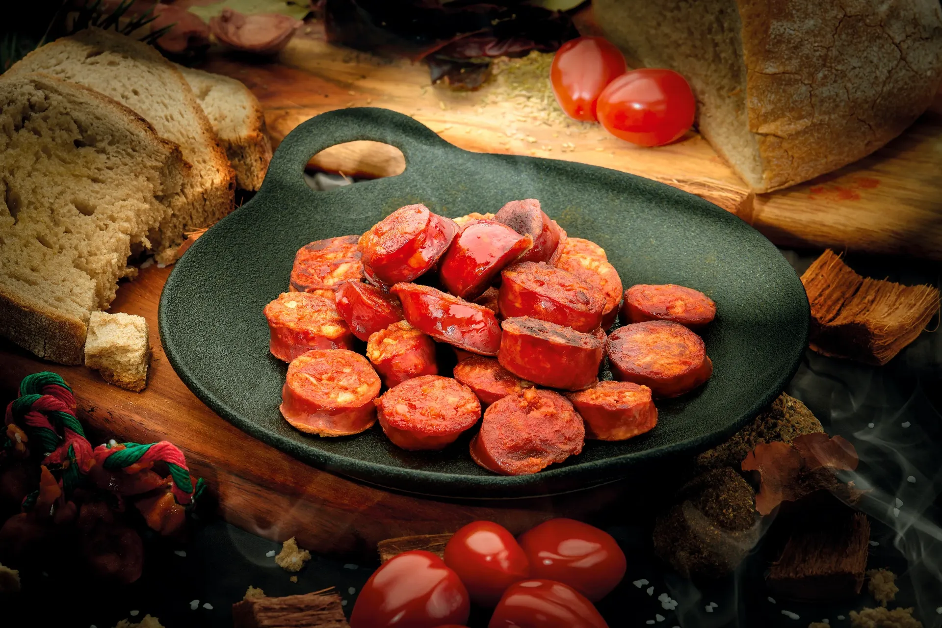 Slices of cooked sausage on a dark green plate surrounded by bread and tomatoes.
