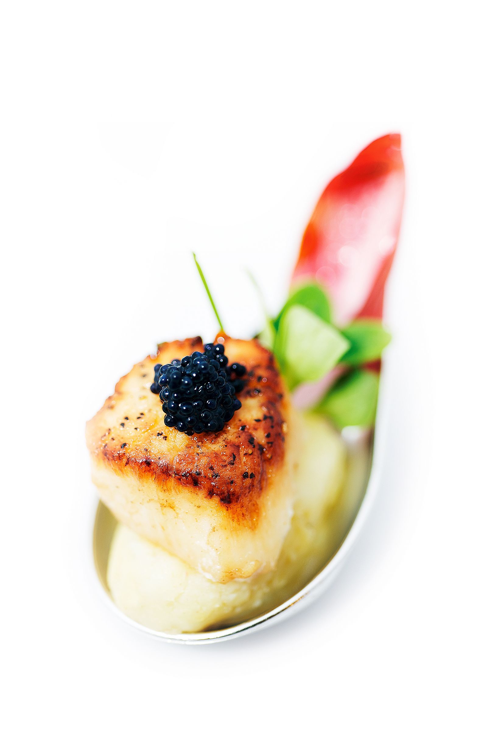 Seared scallop appetizer with caviar, greens, and prosciutto on a spoon.