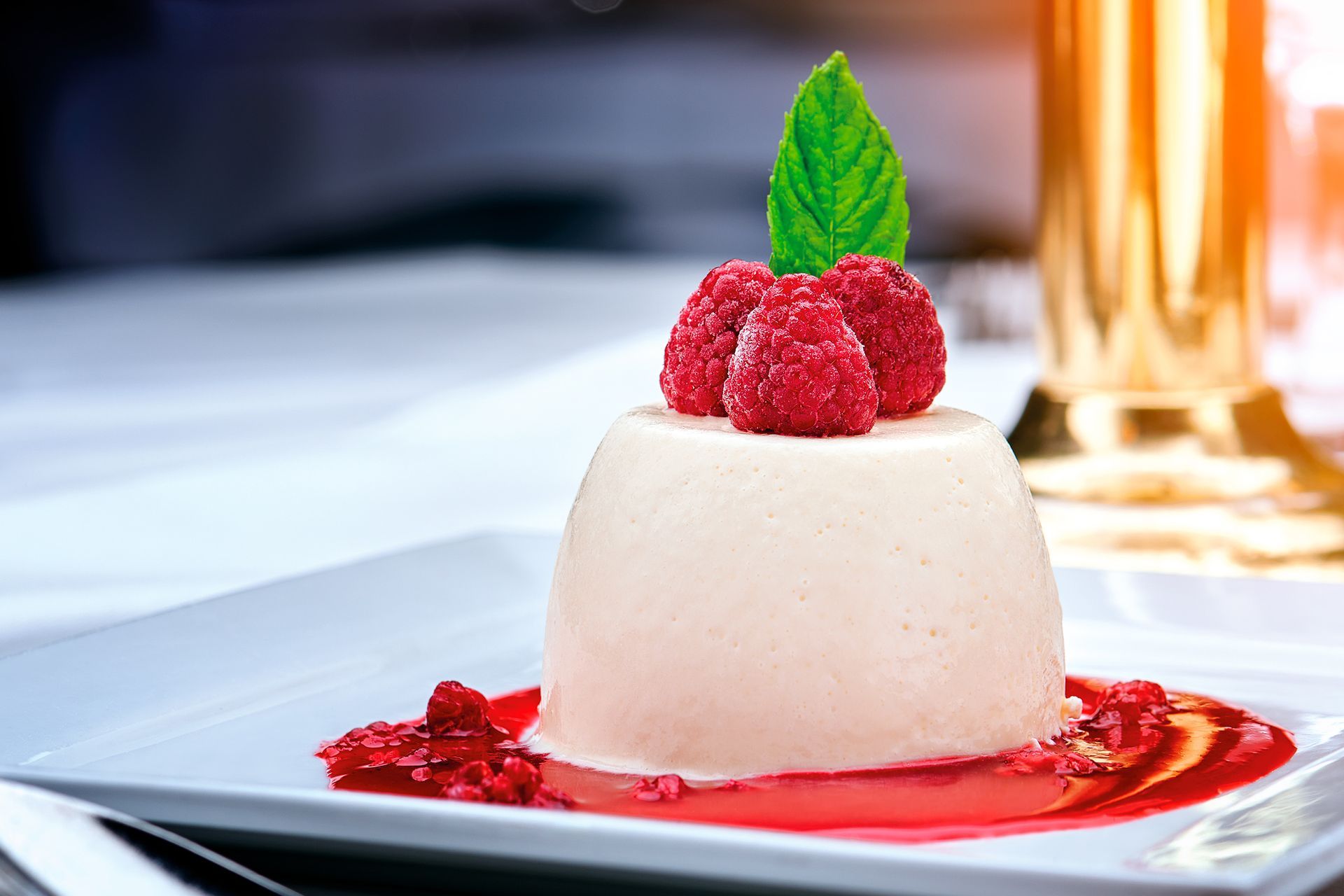 Panna cotta dessert with raspberries and mint on a white plate, served with raspberry sauce.