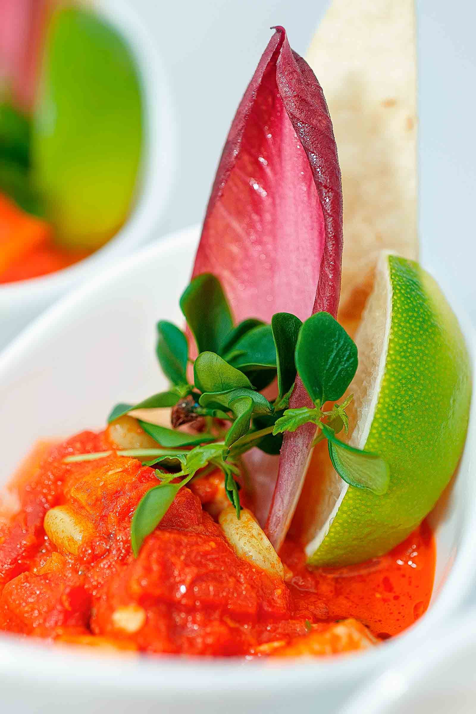 Red sauce appetizer in a white bowl, garnished with lime, red leaf, and herbs.