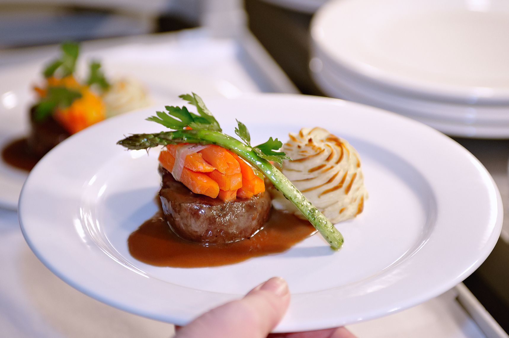 Plate of beef with sauce, carrots, asparagus, and mashed potatoes. Held by a hand.