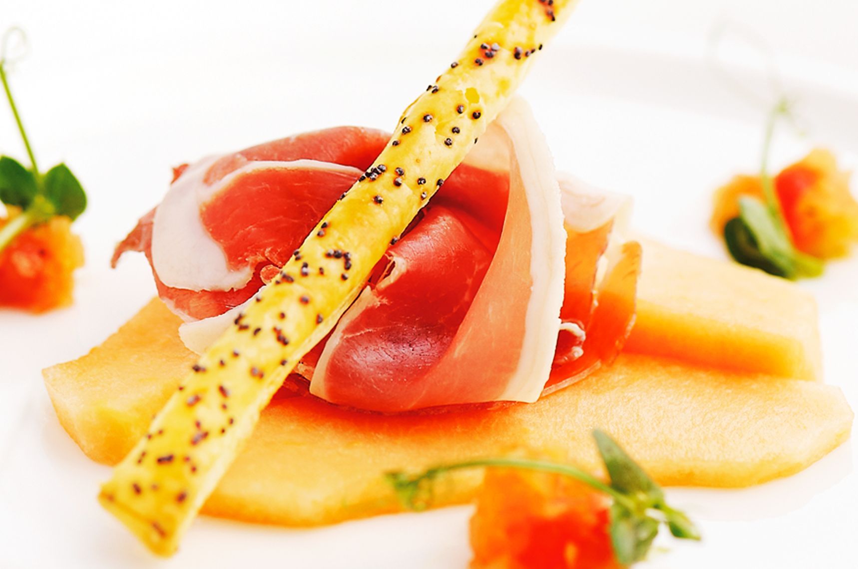 Prosciutto and cantaloupe appetizer on a white plate, with a breadstick and small melon balls.