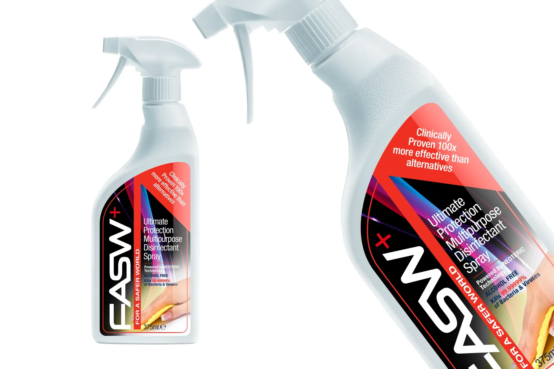 White spray bottle with red label, 