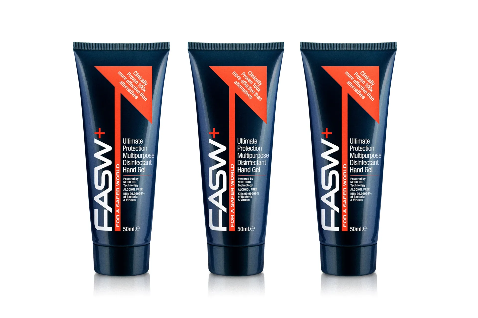 Three tubes of FASW+ hand sanitizer, black tubes with orange and white text on a white background.