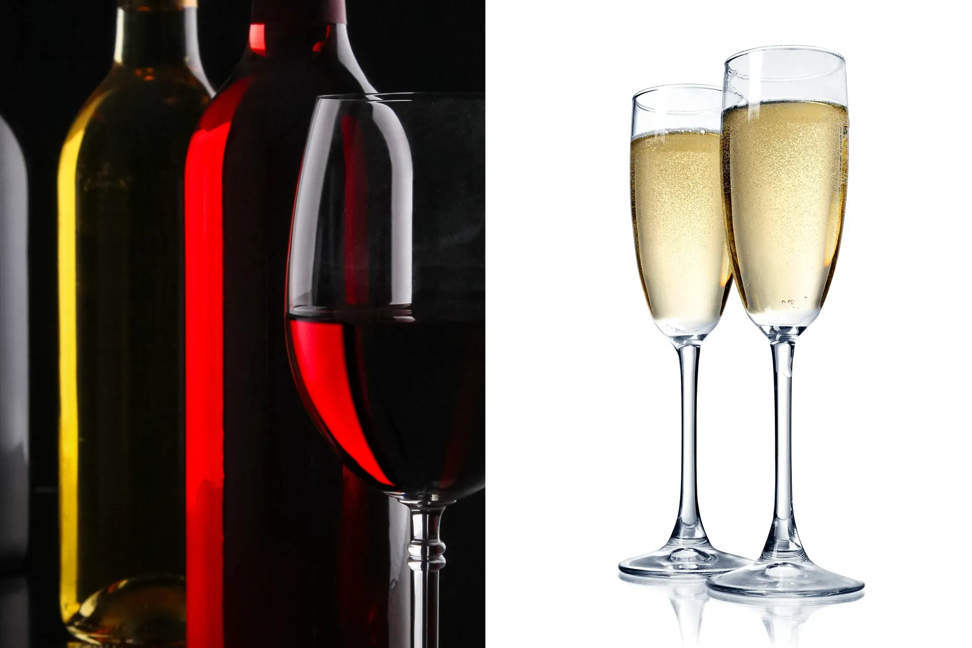 Bottles of white and red wine with a glass of red wine, plus two glasses of champagne.