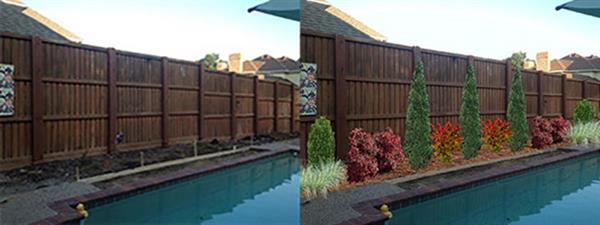 Before and after photo of landscaping next to a pool