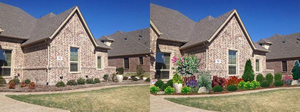 Before and after photo of front lawn landscaping underneath with a window