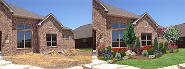 Before and after landscaping photo of a front lawn beneath a window