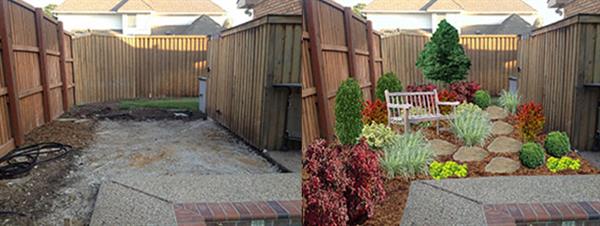 Before and after photo of a backyard garden space