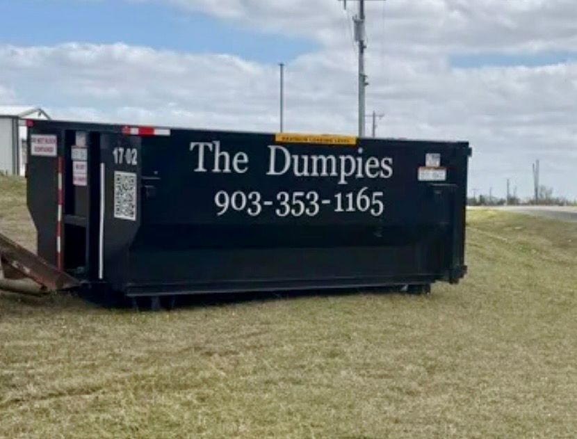 A large black dumpster is sitting on top of a dirt road.