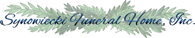 Synowiecki Funeral Home, Inc. logo in cursive font, surrounded by green foliage.
