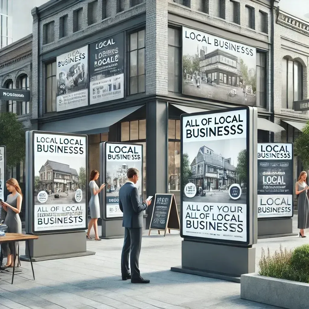 Street scene with digital signs promoting local businesses, featuring people interacting with them.