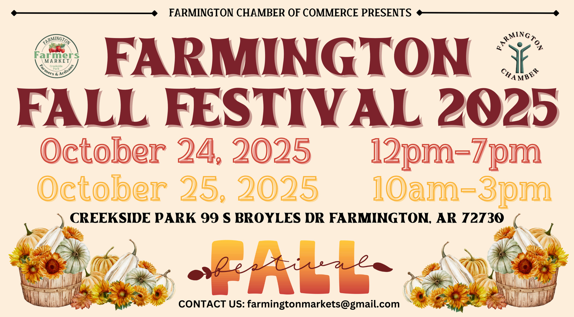 Flyer for Farmington Fall Festival 2025 at Creekside Park. Dates are October 24-25, with times listed.