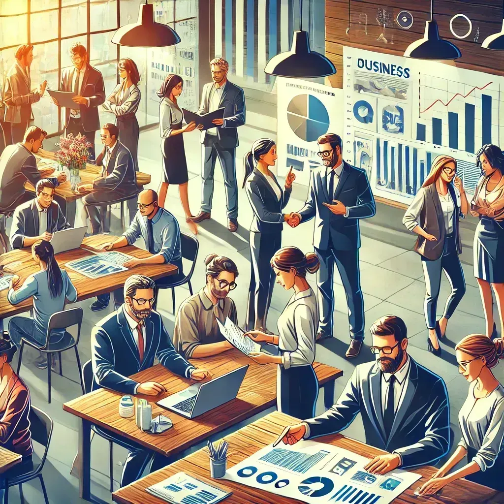 Business professionals collaborate in a modern office, reviewing data. Several stand, others seated at desks, analyzing reports.