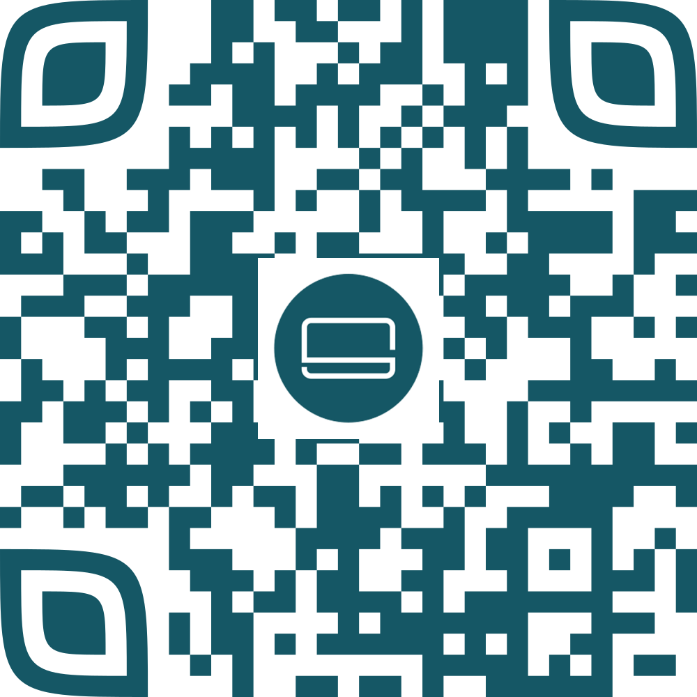 QR code with a centered teal circle containing a white tablet icon.