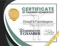 Certificate of chamber membership for DexaFit Farmington, from Farmington Chamber, with gold seal and signature.