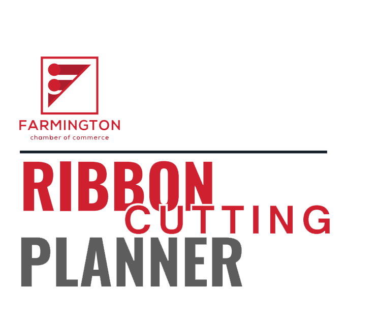 Ribbon Cutting Planner graphic for Farmington Chamber of Commerce, with logo and red/gray text.