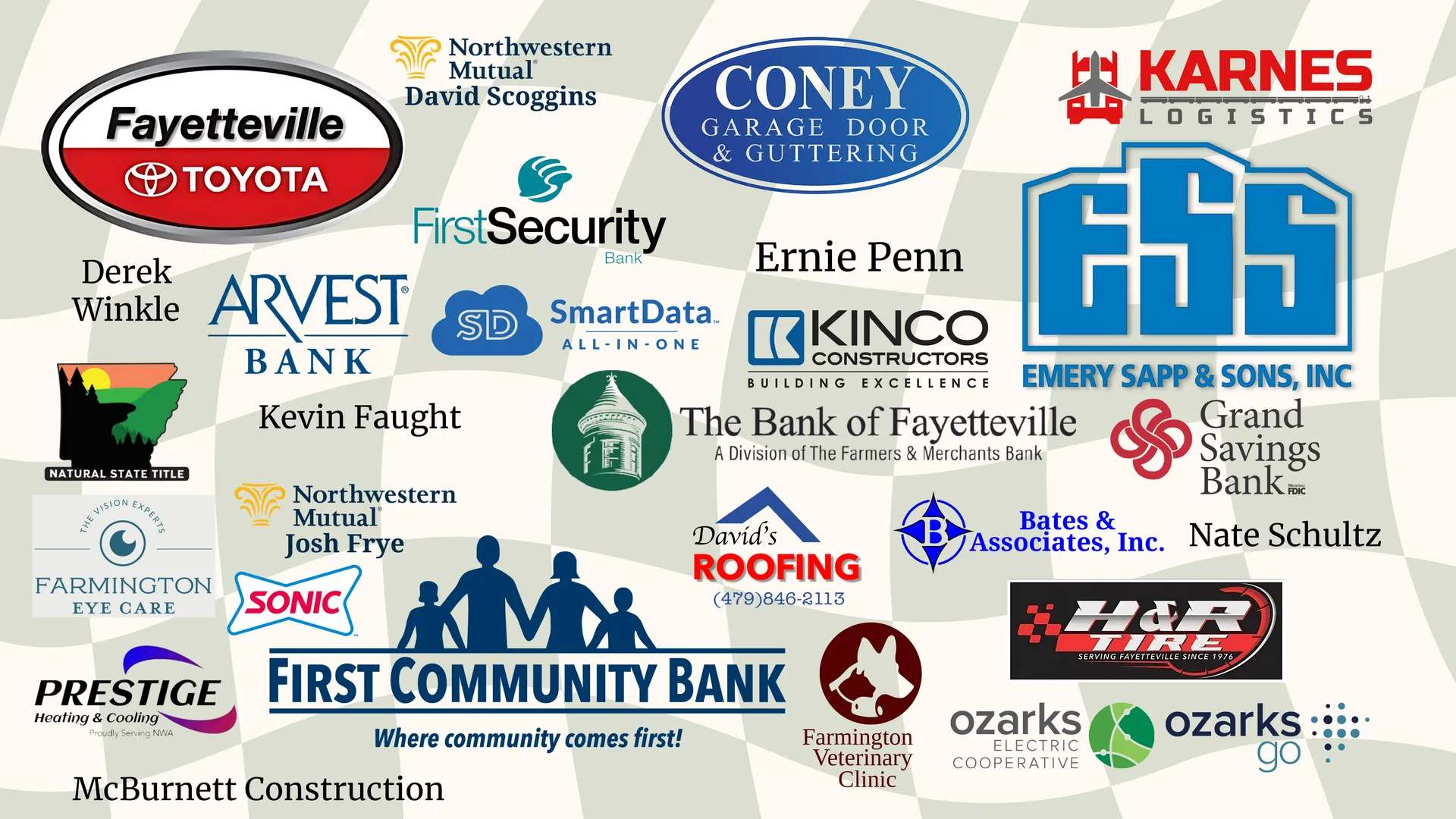 Sponsors' logos for an event, including Toyota, First Community Bank, and Coney Garage Door.