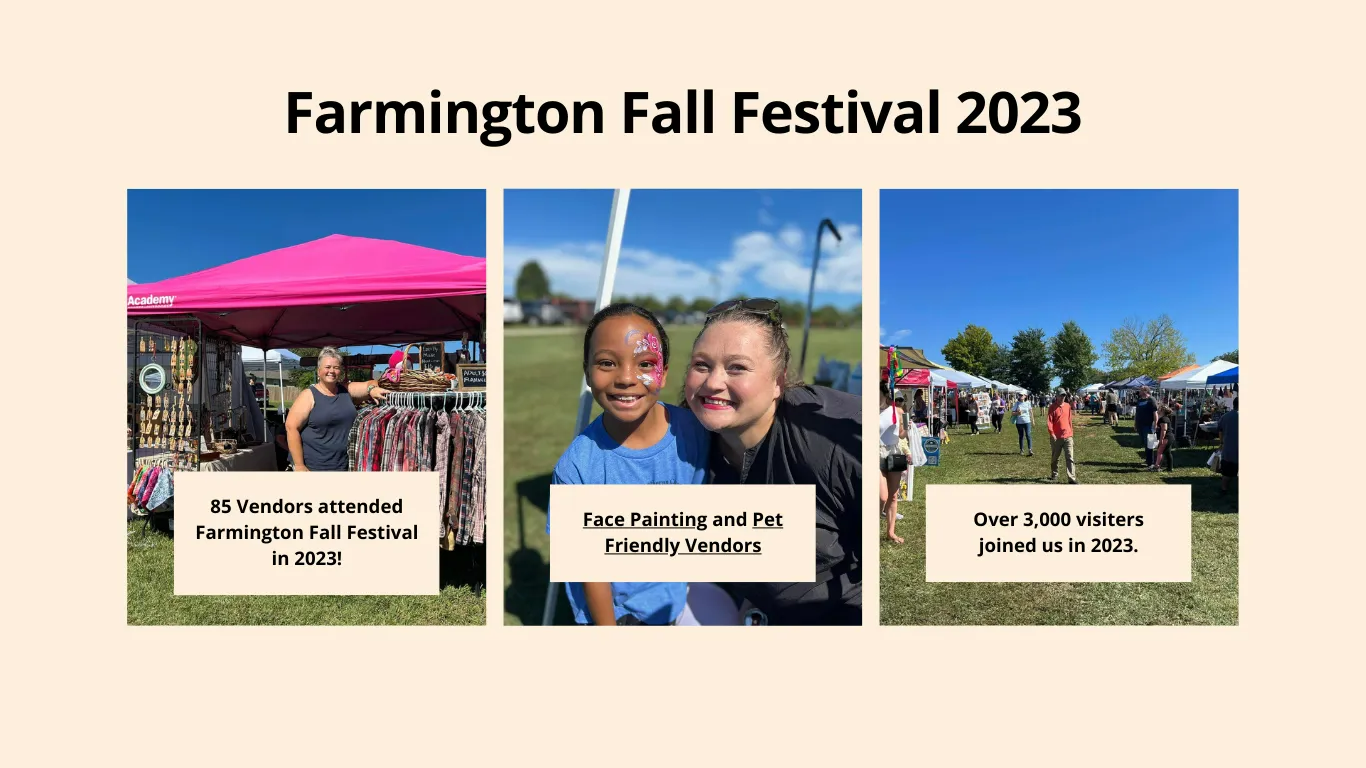 Farmington Fall Festival 2023. Three photos: vendors, smiling children, and a crowd in a field under a blue sky.