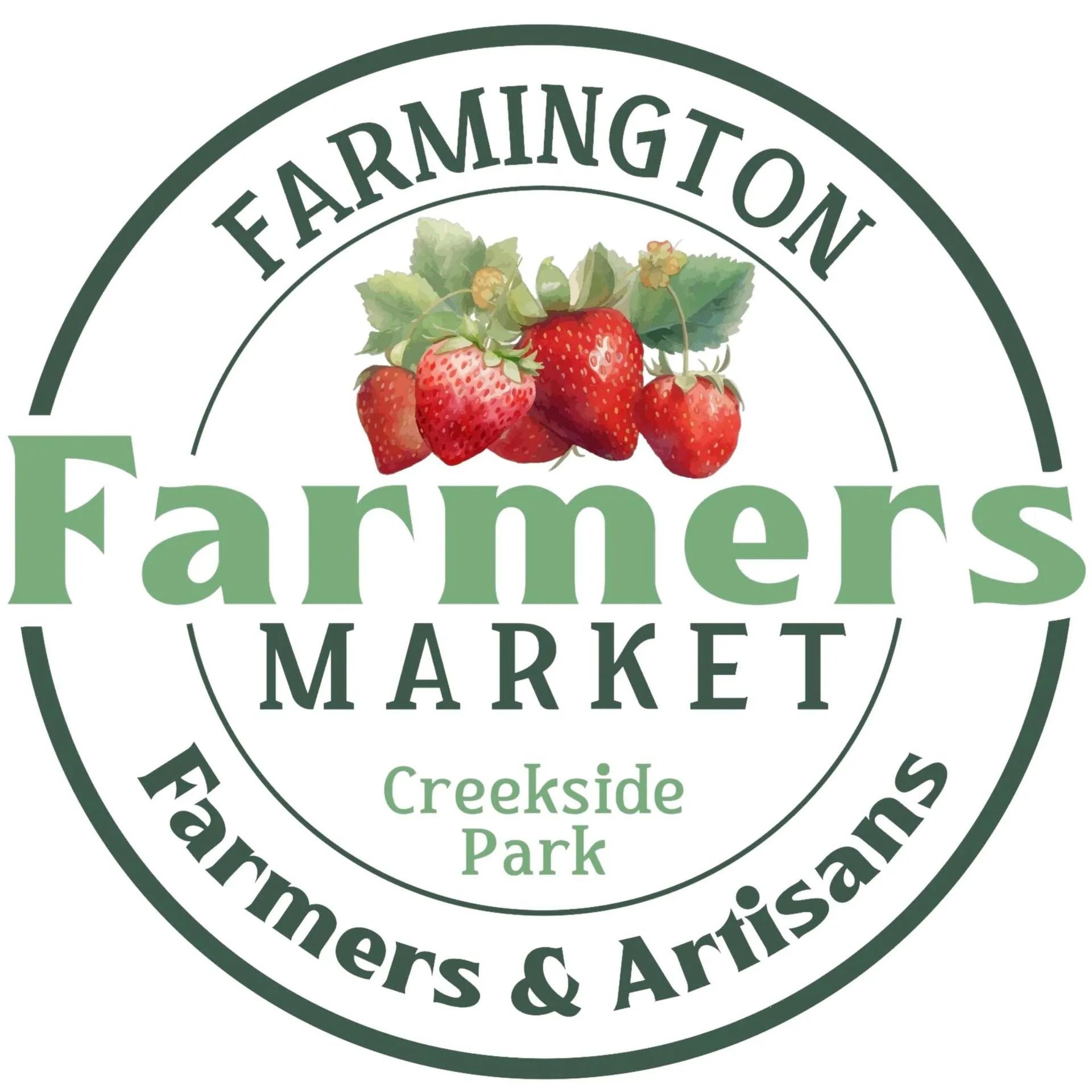 Farmington Farmers Market logo featuring strawberries; round with green text and border, Creekside Park.