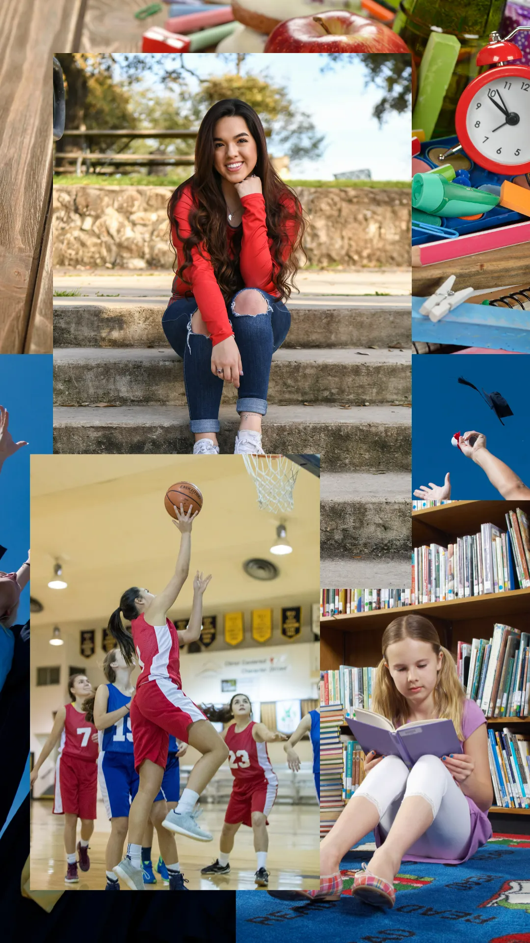 Woman in red on steps, basketball game, girl reading, school supplies, clock.