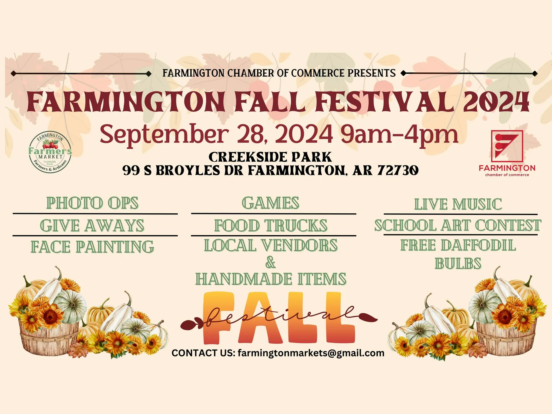 Farmington Fall Festival 2024 poster. Features: Photo ops, games, live music, food trucks, vendors, and giveaways. September 28, 2024.