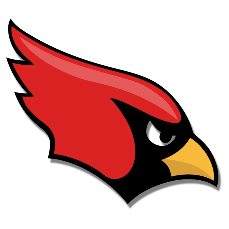 Red cardinal head with a black beak and eye, facing left.