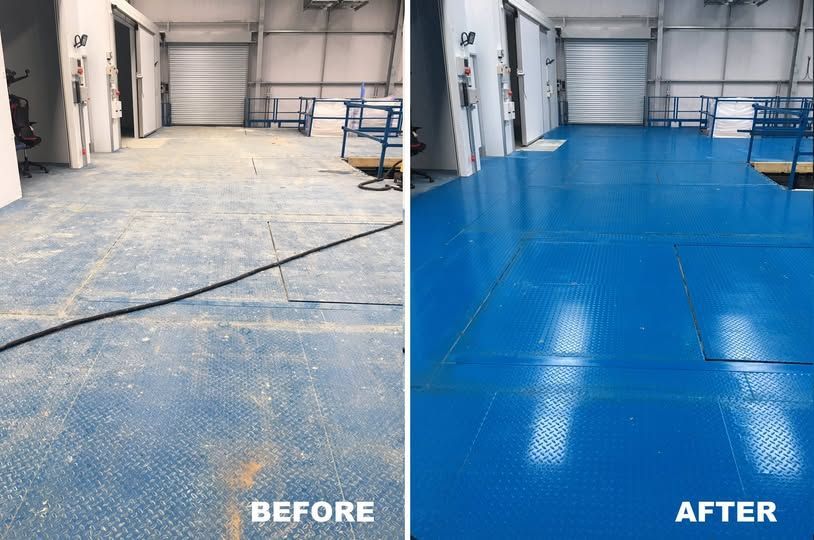 A before and after photo of a warehouse floor in a building