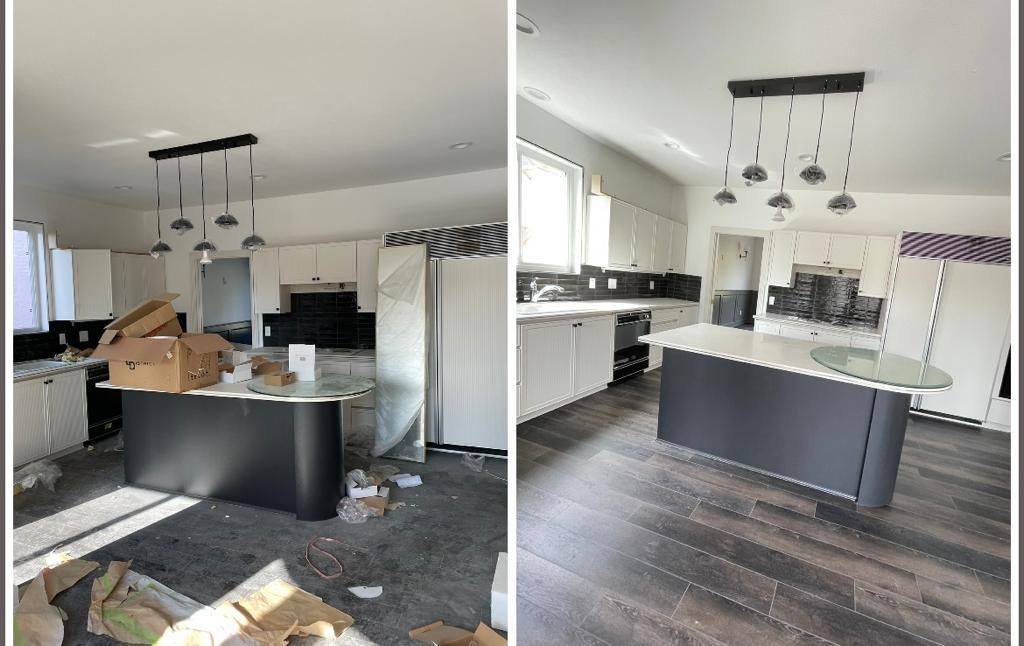 Two pictures of a kitchen before and after being cleaned.