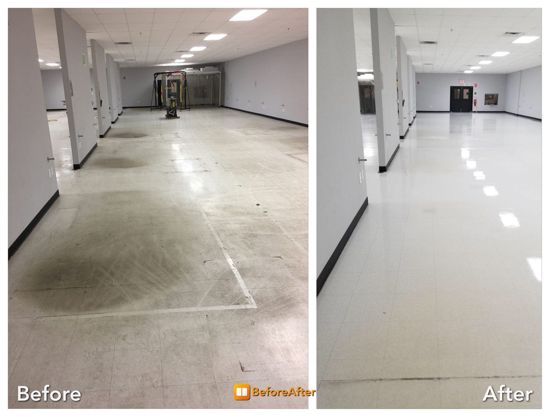 A before and after photo of a warehouse floor that has been cleaned.