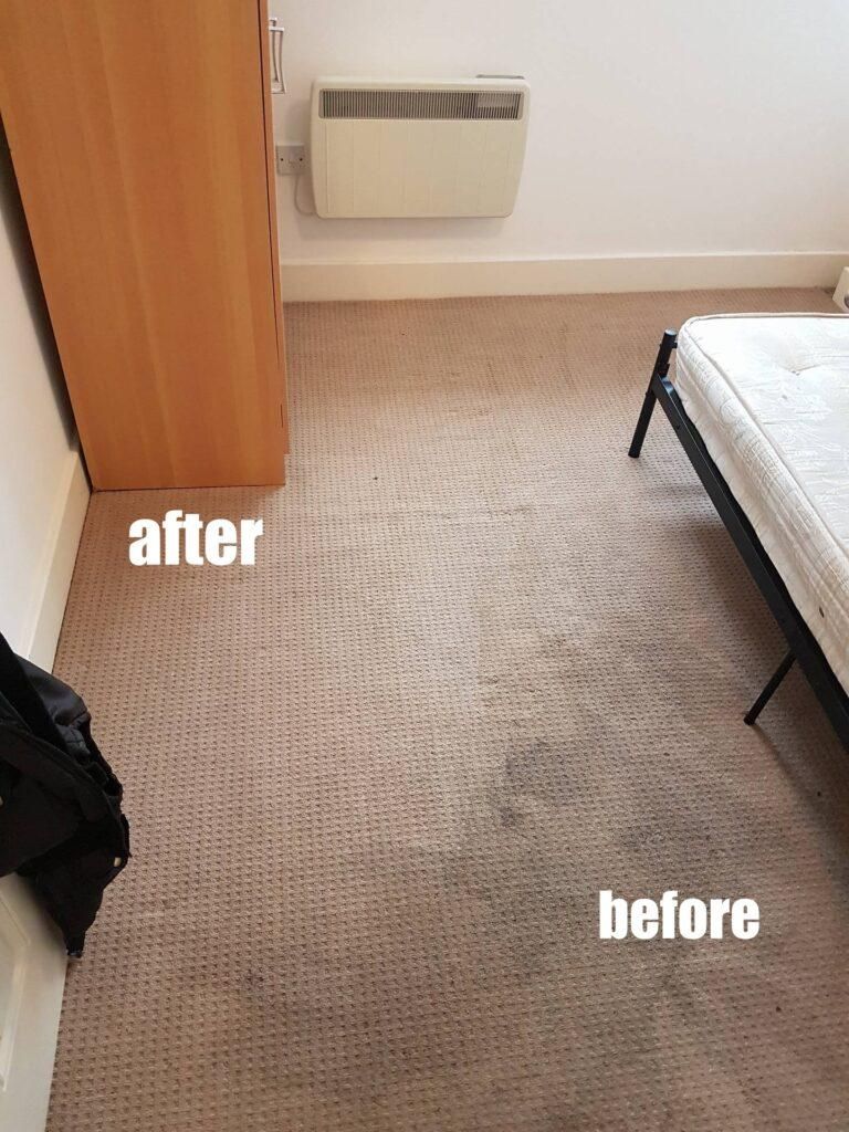 A bedroom with a bed and a carpet before and after being cleaned.