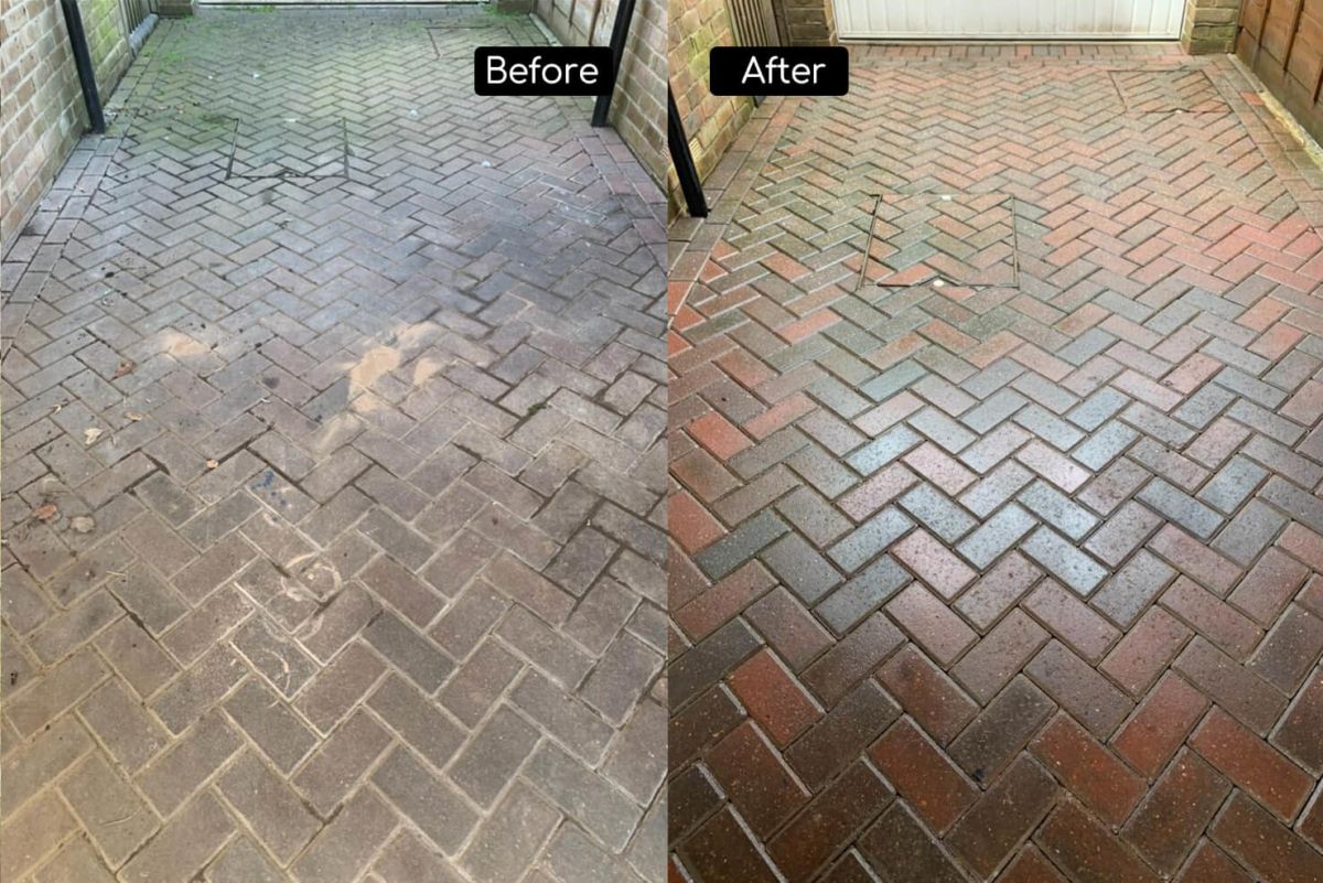 A before and after photo of a jet-washed brick driveway.