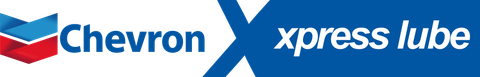 Chevron Xpress Lube logo on a blue background. Chevron's blue, white, and red logo is adjacent to "xpress lube."