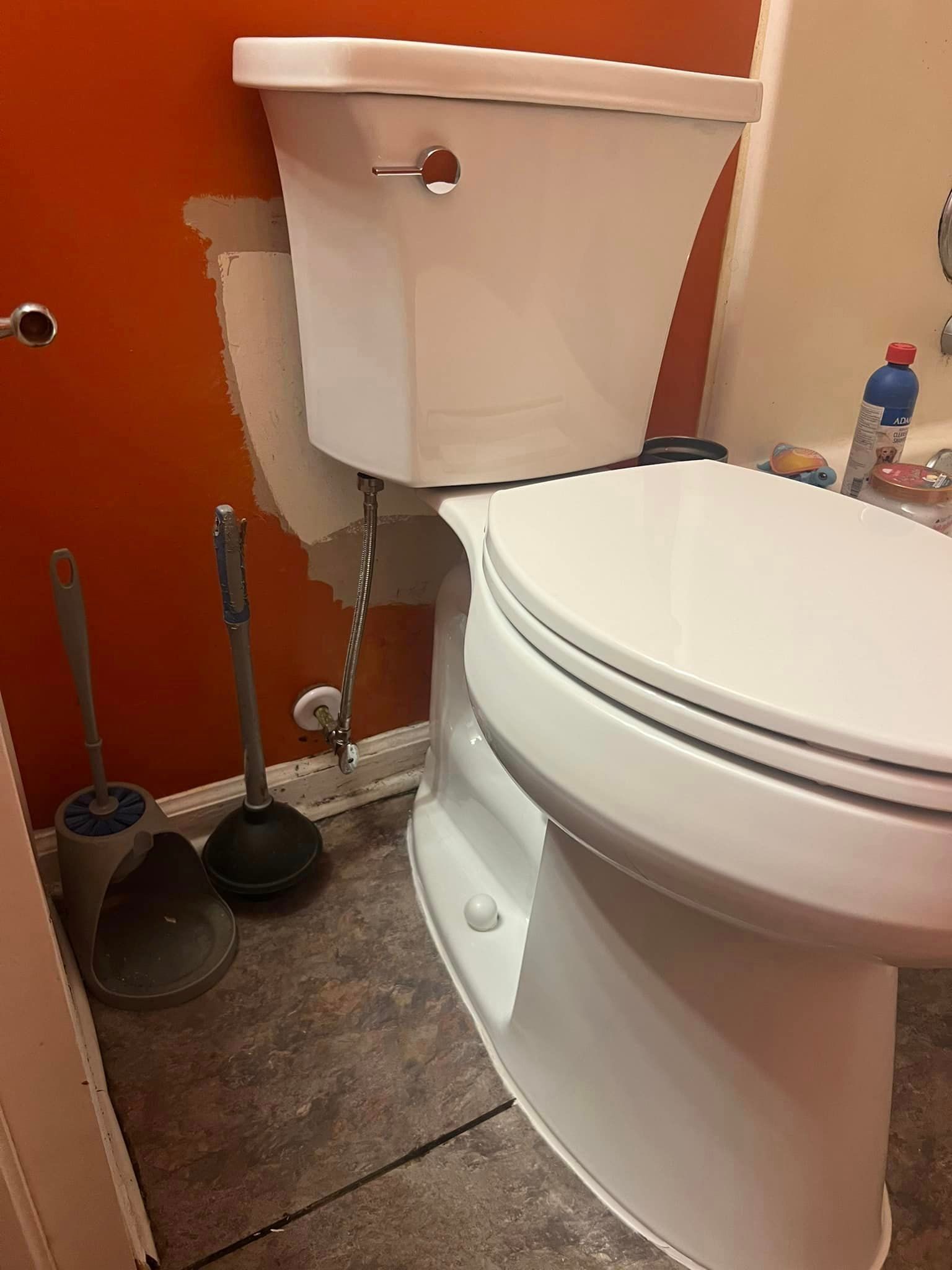A white toilet is sitting in a bathroom next to a plunger.