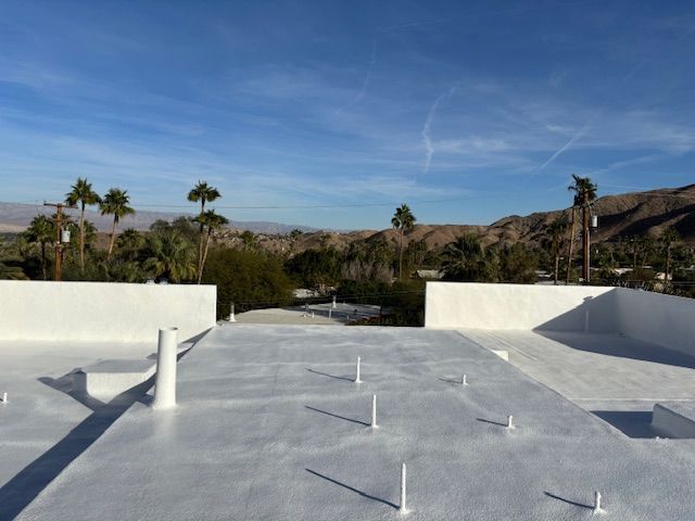 View from a white flat rooftop overlooking a landscape with palm trees and mountains under a blue sky.